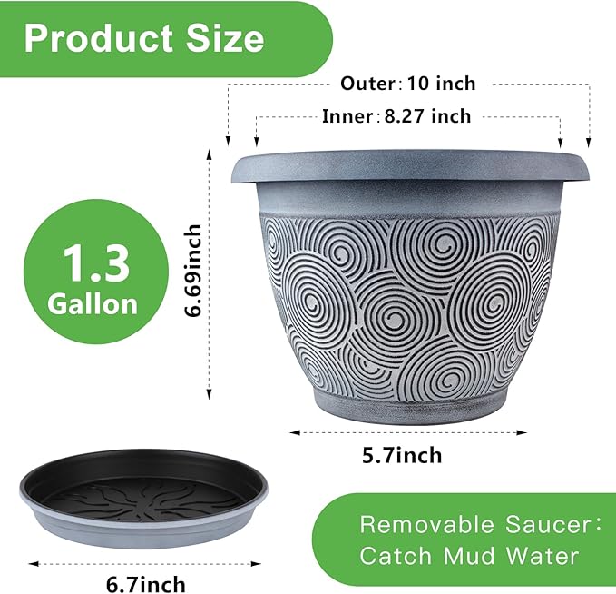 10 Inch Flower Pots Planters for Indoor Outdoor Plants, 3 Pack Plastic Large Plant Pots with Drainage Hole & Tray, Modern Decorative Garden Pot with Saucer, Plant Container for House