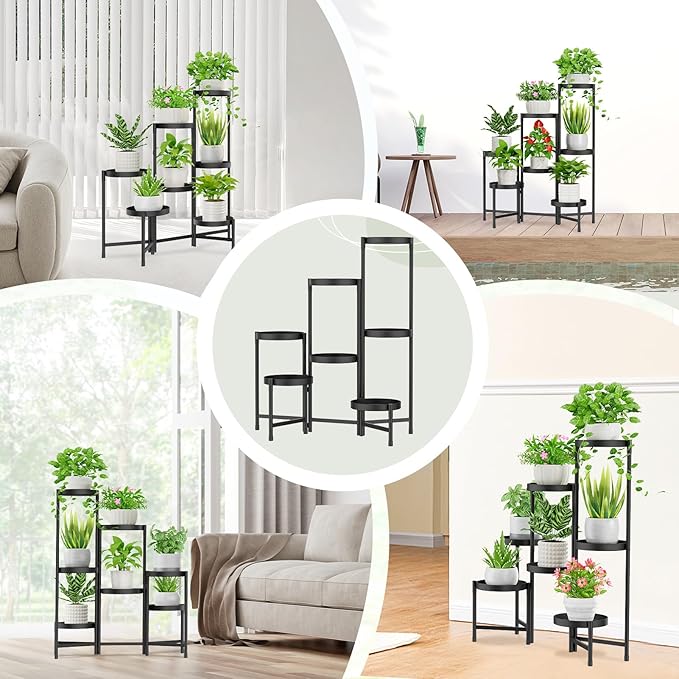 iDavosic.ly Plant Stand Indoor Outdoor, 7 Tier Corner Metal Flower Display Holder Shelf, Folding Tall Orchid Rack for Patio Balcony Porch Garden Living Room House, Black