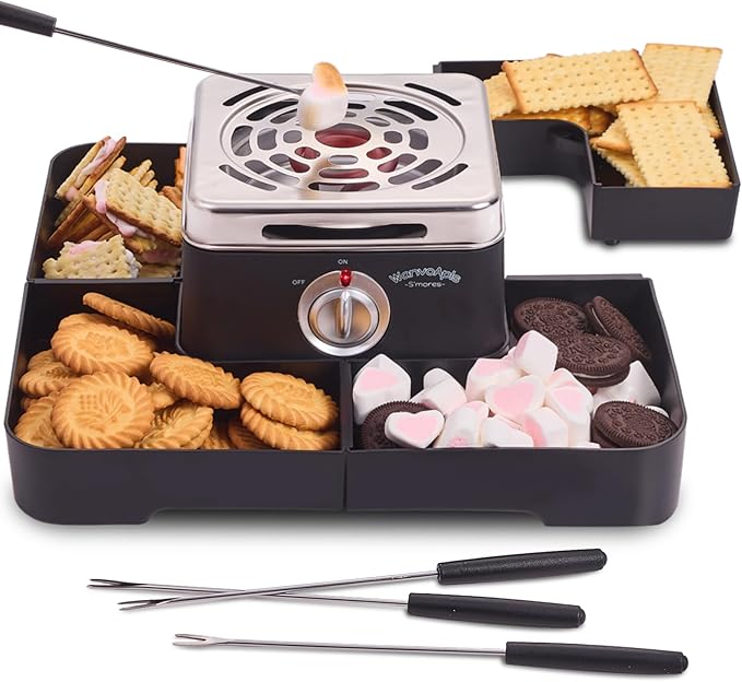 Electric Smores Maker - Indoor Smores Kit with 4 Detachable Trays, 4 Stainless Steel Forks - Flameless Smores Maker Tabletop Indoor Kit (Black)