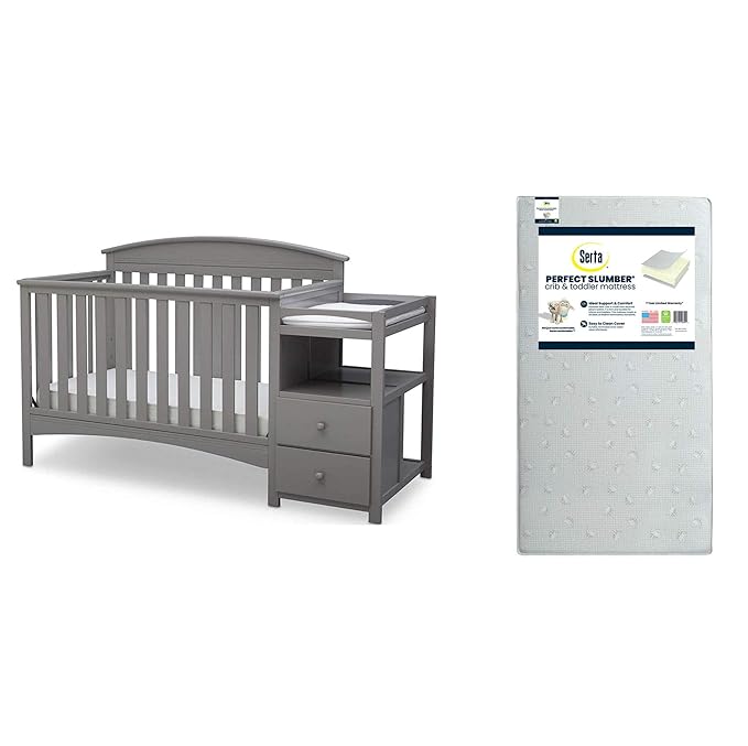 Delta Children Abby Convertible Crib 'N' Changer, Grey + Serta Perfect Slumber Dual Sided Recycled Fiber Core Crib and Toddler Mattress (Bundle)