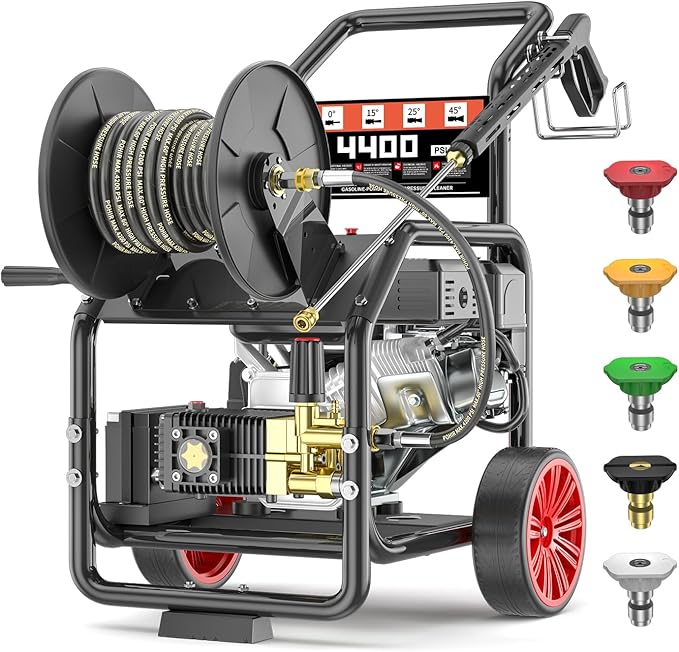 4400PSI Gas Pressure Washer with Hose Reel, One-Button Start 296cc 15HP 4-Cycle Engine, 4.0 GPM Heavy Duty Power Washer with 50FT 3/8" Hose, Spray Gun & Wand, 5 Quick Connect Nozzles