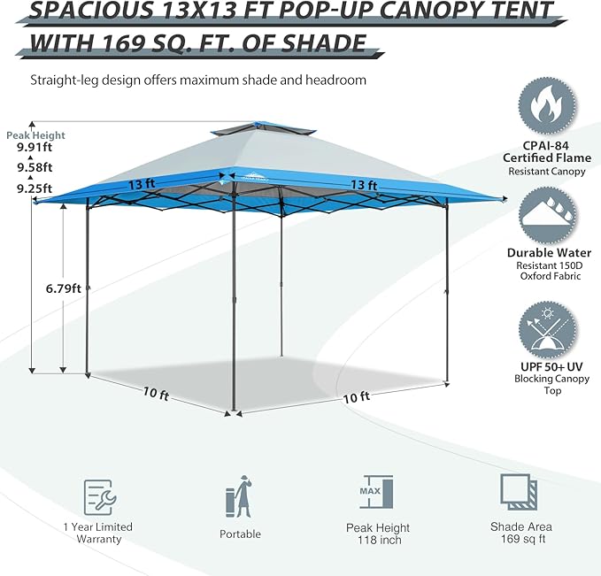 EAGLE PEAK 13x13 Straight Leg Pop Up Canopy Tent Instant Outdoor Canopy Easy Single Person Set up Folding Shelter w/Auto Extending Eaves 169 Square Feet of Shade (Light Blue)