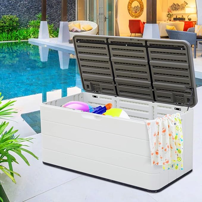 100 GAL Resin Deck Box - Lockable Waterproof Outdoor Storage Bench for Patio Cushions, Garden Tools & Pool Accessories - Wood-Look Texture, White