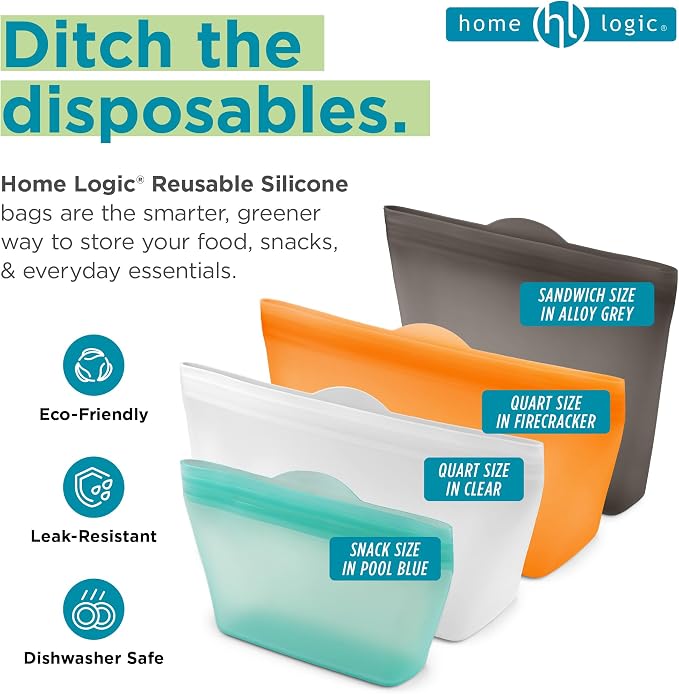 Home Logic Reusable Snack Bags - Set of 6 Firecracker Orange Silicone Freezer Bags, Airtight Leak Resistant Reusable Zip Bags for Kitchen Home Food Prep, Microwave & Sous Vide Safe