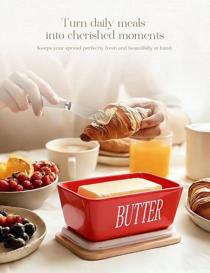 AISBUGUR Large Butter Dish with Lid Ceramics Butter Keeper Container with Knife and High- quality Silicone Sealing Butter Dishes with Covers Good Kitchen Gift Red 6.3 x 3.5 x 2.7 inches | Suitable Capacity, Great Sealing, Home Decor Kitchen Gift Housew...
