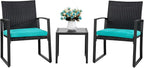 Shintenchi 3 Pieces Outdoor Patio Furniture Set, Modern Wicker Bistro Set, Conversation Rattan Chair of 2 with Coffee Table for Yard Porch Poolside Lawn(Blue Cushion)
