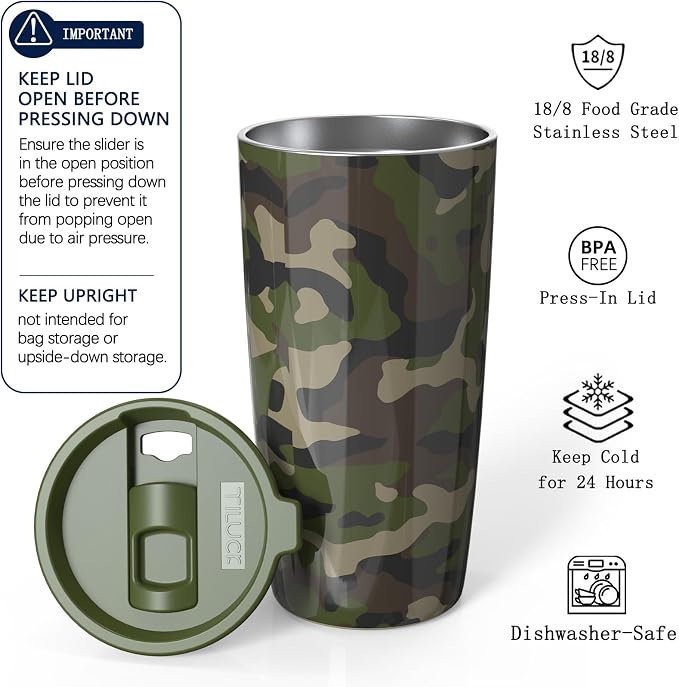 TILUCK 20 oz Insulated Coffee Tumbler with BPA-Free Lid | Travel Coffee Mug, Dishwasher Safe, Cup Holder Friendly, Double-Wall Vacuum Insulation for Hot & Cold Drinks, Camouflage