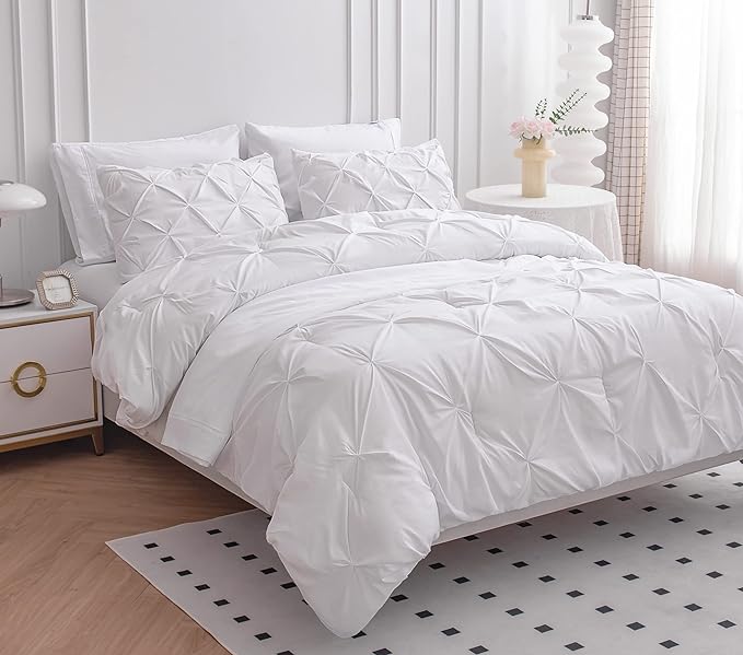 LANE LINEN White Comforter Set with Sheets, 7 Piece Bed in a Bag Queen Size, Pintuck Queen Bed Set, Ultra Soft Bedding Queen Size with Down Alternative Comforter, Sheets, Pillowcases & Shams - White