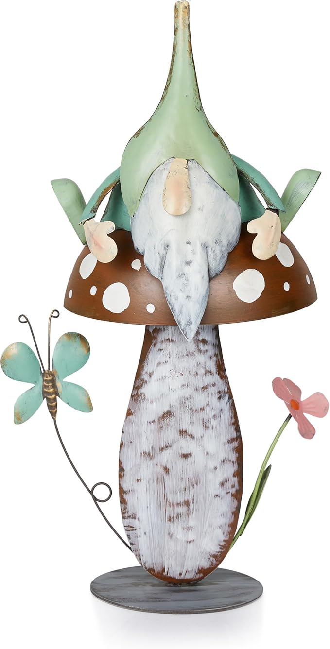Alpine Corporation - Metal Gnome with Mushroom – 20" Tall Durable Iron Garden Statue, Whimsical Outdoor Décor for Patio, Lawn, Yard (Multicolor)