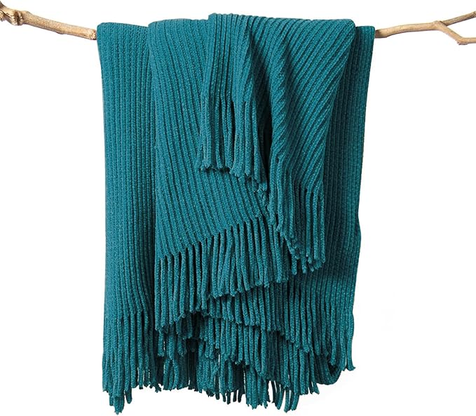 lifein Throw Blanket for Couch, Soft Boho Decor Bed Throw,Cozy Teal Knitted Chenille Small Farmhouse Lightweight Throw for Spring(Teal,50 * 60")
