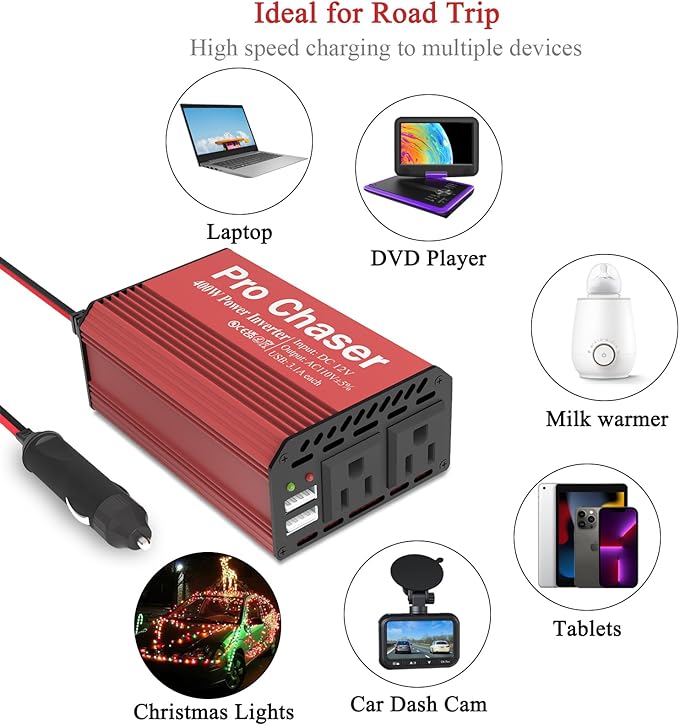 Pro Chaser 400W Car Power Inverter 12V DC to 110V AC Car Truck RV Inverter 6.2A Dual USB Charging Ports for Road Trips (Type C Adaptors Included) (Red)
