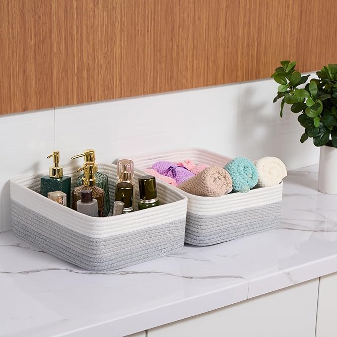 Large Shallow Organizing Baskets 15x11x5.1 Inches - Rope Woven Storage Bins for Bathroom, Shelves, Cube Closet, Gradient Grey 2 Packs