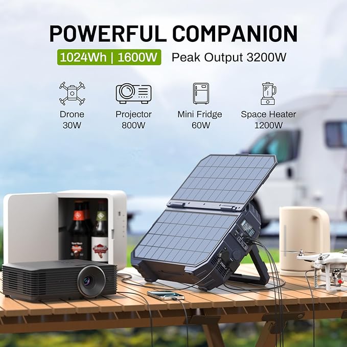 BROWEY 1600W (3200W Peak) Portable Power Station, 1024Wh LiFePO4 Battery with Built-in Solar Panel, 100W USB-C PD, Solar Generator for Camping, RV, Home Backup, Emergency (Dark Blue)