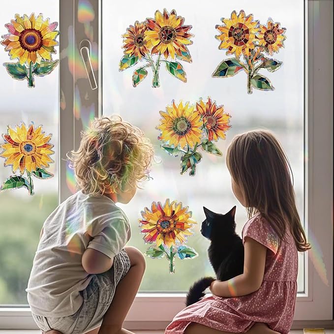 12pcs Window Decals for Bird Strikes, Anti Collision Window Clings, Rainbow Reflection Window Sticker, Sunflower Style Sun Catcher Stickers for Glass Windows