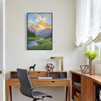 The mountain stream and lawn scenery under the sun is suitable for posting in the living room bedroom office landscape poster wall painting