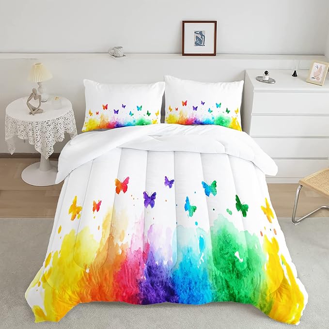 CVHOUSE Butterfly Bedding Set,Butterfly Comforter Full,Butterfly Comforter Set for Girls Kids Teens,Butterflies Quilt Set with 1 Comforter and 2 Pillow Cases- 3 Piece