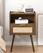 Rattan Nightstand,Modern Bedside Table with Storage Drawer and Open Wood Shelf, for Living Room, Bedroom and Small Spaces, Accent Night Stand with Solid Wood Legs, Easy Assembly,Walnut Brown