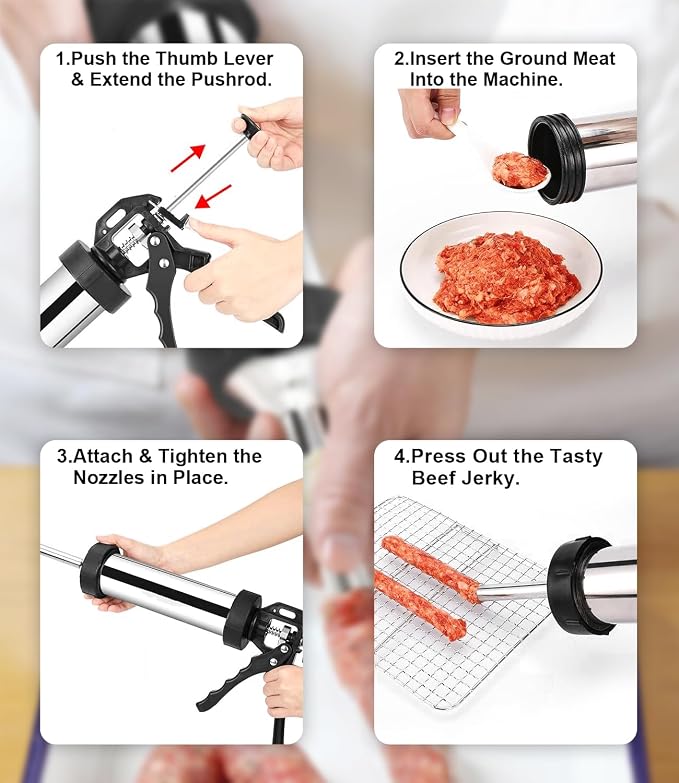 Jerky Gun for Ground Meat, 5 Stainless Nozzles, 1.5LBS | 2 Cleaning Brushes, Jerky Making Kit, Beef Jerky Gun Kits, Stainless Steel Sausage Stuffer Jerky Making Gun