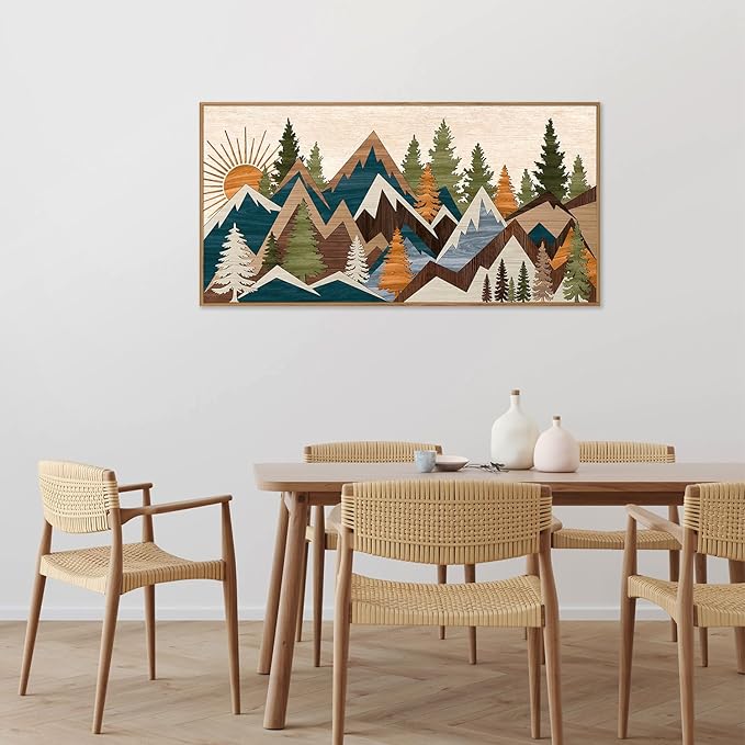 Tinonedraw Large Metal Mountain Framed Canvas Wall Art, Boho Rustic Sunrise Forest Wall Decor, 3 Piece Vintage Nature Artwork, Modern Wilderness Art Print for Living Room Bedroom Office 20"x40"