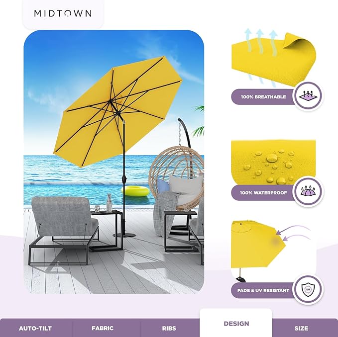 Midtown Umbrellas Sunbrella Umbrella 9 Feet Outdoor Umbrella With Yellow Acrylic Fabric - Auto-Tilt Aluminum Frame Patio Umbrella For Backyard, Deck, Garden, Pool - Black Pole