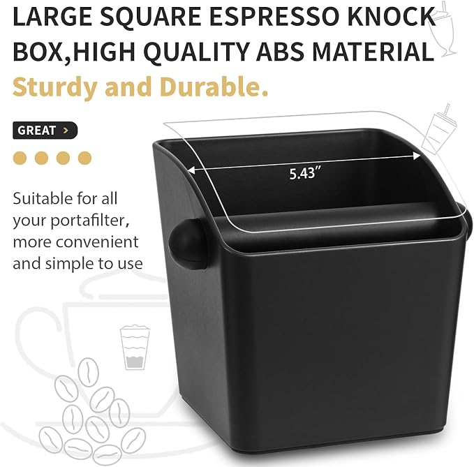 IAOSEN Large Square Knock Box Shock-absorbent Knock Box Espresso with Removable Knock Bar and Non-Slip Base Espresso Accessories for Home/Office (Large Black Knock Box with Tamper Mat)
