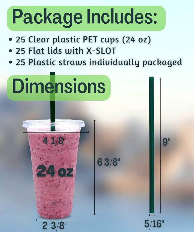 Cappatua 24 oz Clear Plastic Cups with Lids and STRAWS, Disposable Drinking Cups for Cold Drinks, Iced Coffee, Milkshakes, Smoothies, 25 Sets