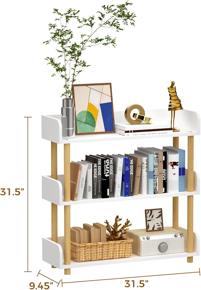 3-Tier Wooden Bookshelf, Modern Open Bookcase with Top Edge and Solid Wood Frame, Freestanding Bookshelf Storage Organizer for Home Office Living Room