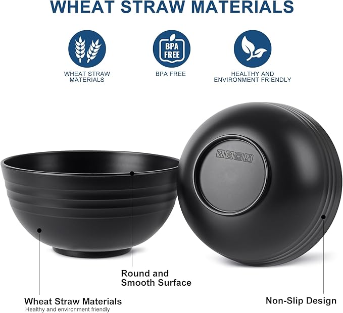 HOTEC BPA Free Unbreakable Wheat Straw Cereal Bowls - Microwave & Dishwasher Safe Soup and Salad Bowls, Set of 8, 26oz, Black