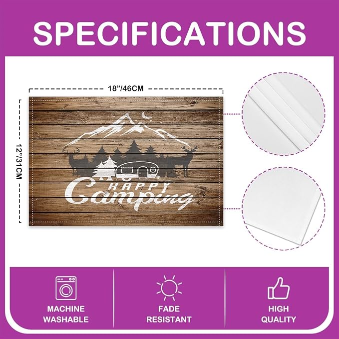 Feelyou Happy Camping Placemat for Kitchen Dining Table 18"x12" Camper Table Place Mats Decor Kids RV Camping Placemats Set of 4 Farmhouse Trailers Camper Indoor Outdoor Decor Table Mats