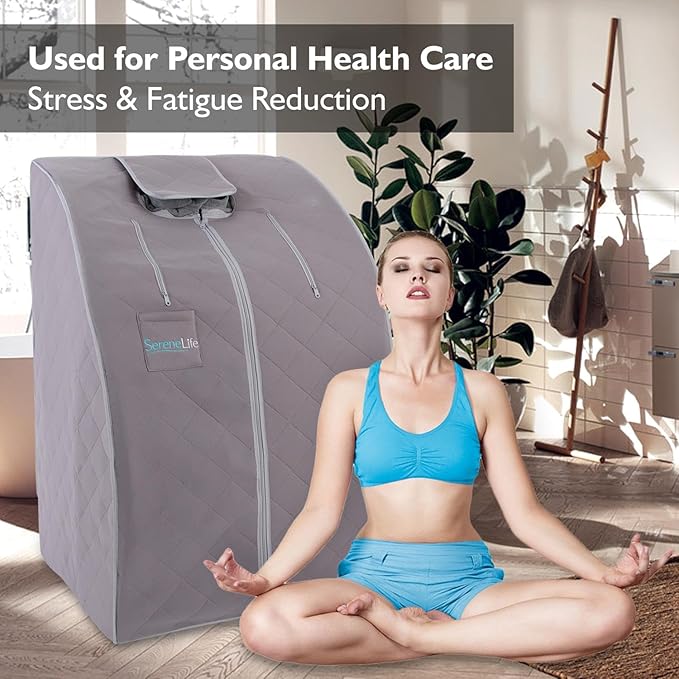 SereneLife Portable Sauna for Home, Infrared Sauna Tent with Heated Foot Pad and Folding Chair, Compact Personal Rejuvenation Sauna, Remote Control In-Home Spa, 38" x 32” - (Gray)