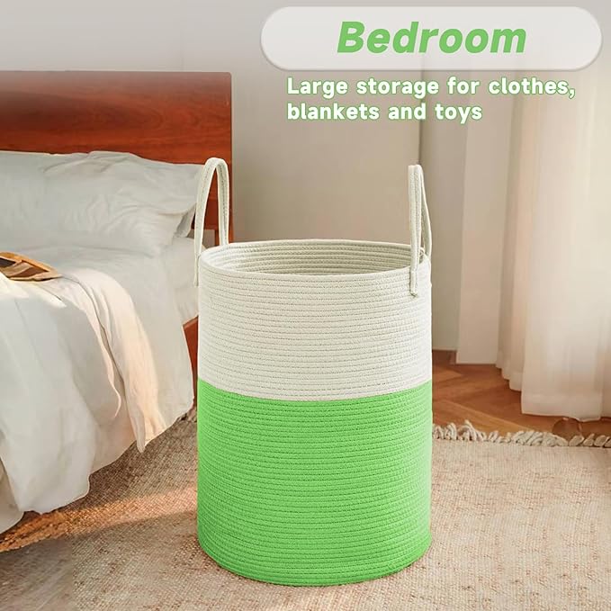 Large Woven Laundry Basket Hamper,80L Cotton Rope Storage Bin for Blankets,Toys and Clothes,Decorative Tall Nursery Hamper for Living Room,Baby Nursery,Bathroom and Bedroom,Light Green