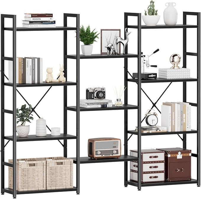 NUMENN Triple Wide 4 Tier Bookshelf, Adjustable Rustic Industrial Style Bookcases with 11 Open Display Shelves, Modern Tall Bookcase Furniture for Bedroom, Living Room and Home Office, Black
