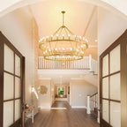 55 Inch Gold Wagon Wheel Chandelier,2 Tier 48-Lights Farmhouse Chandelier for Living Room,Round Rustic Dining Room Light Fixture,Extra Large Foyer Chandeliers for High Ceilings,for Staircase,Entryway