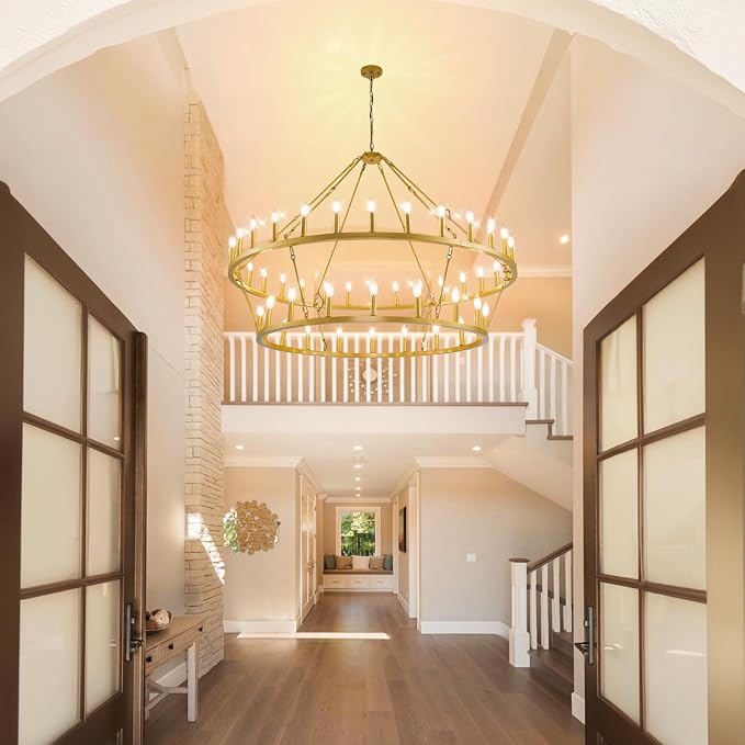 55 Inch Gold Wagon Wheel Chandelier,2 Tier 48-Lights Farmhouse Chandelier for Living Room,Round Rustic Dining Room Light Fixture,Extra Large Foyer Chandeliers for High Ceilings,for Staircase,Entryway