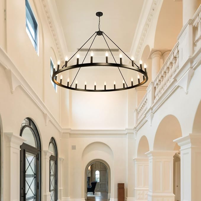 WJShome 24-Light Black Wagon Wheel Chandelier Farmhouse, 54" Extra Large Chandeliers for High Ceilings, Round Matte Black Chandelier for Dinning Room, Entryway, Foyer, Living Room