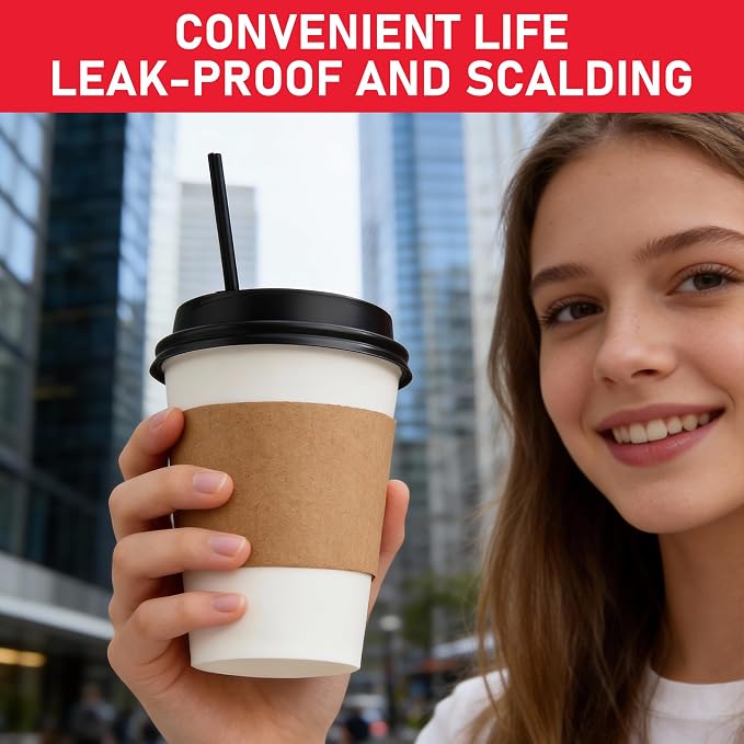 12 oz Paper Coffee Cups with Lids 100 Pack, Disposable Hot Coffee Cups with Lids, Sleeves and Stirring Sticks, To Go Cups, for Parties, Picnic, Travel, and Events