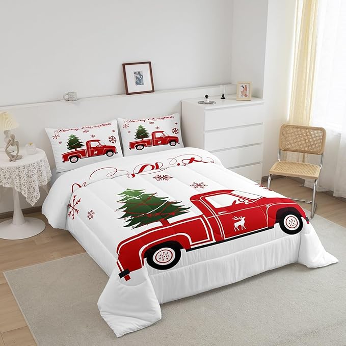 Christmas Tree Comforter Set Twin Size Red Truck Bedding Set Boys Girls Red Xmas Gift Snowflakes Comforter for Teens Bedroom Decor Elk Deer Christmas Decorations Bedding Duvet Set