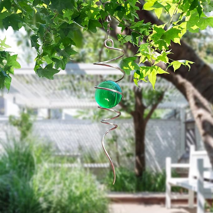 Wind Spinner Tail Gazing Ball Spiral Decorative Wind Spinner Sun Catcher 11inch Tail and 2 inch Glass Orb. Indoor Outdoor Garden Decoration Wind Sculptures-13 inch Height (Green)