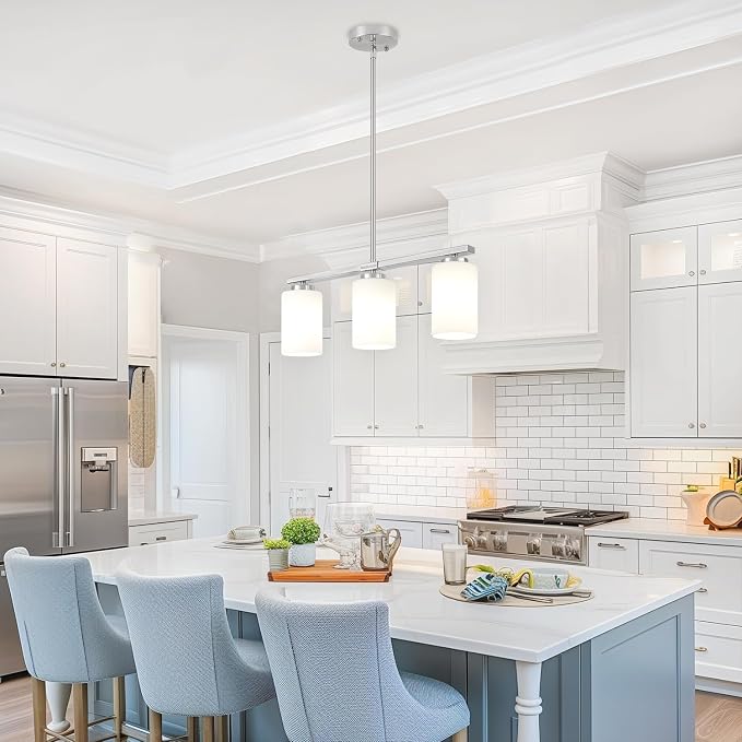 Brushed Nickel Kitchen Island Lighting Modern Dining Room Light Fixtures | 3-Light Linear Chandelier Over Table, 21.25'' Island Lights for Kitchen White Frosted Glass Shades, Adjustable Height