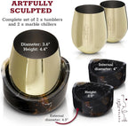 Gusto Nostro Marble Wine Chiller for Glass & Stainless Steel Tumbler Set of 2 - Wine Glass Chiller Holder for Freezer - Cool Set of Chillers & Stemless Wine Metal Tumblers for Home, Bar (Black & Gold)