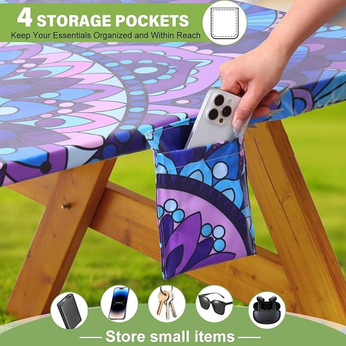 Fitted Picnic Table Cover with Bench Covers Vinyl Waterproof Elastic Edges Fitted Rectangle Tables Patio Tablecloth Camping Gear and Essentials Rv Accessories Road Trip Supplies Car Travel Must Haves