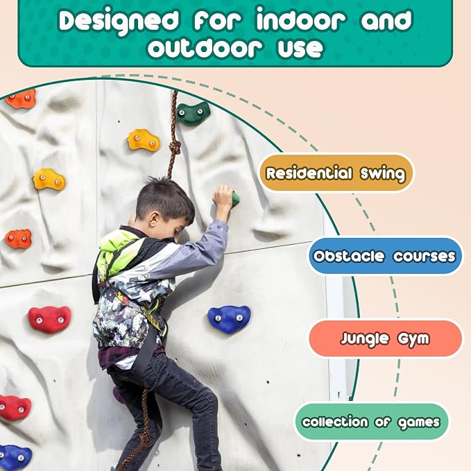 CMOOD Rock Climbing Holds, Rock Climbing Wall for Kids Rock Wall Climbing Kit for Indoor Outdoor Playground Play Set with Mounting Screws, Knotted Rope and 25 Handles