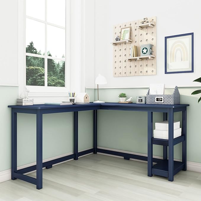 Max & Lily Solid Wood Corner Desk, 55 x 55 Inches, Blue