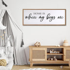 Home is Where My Boys are Sign Framed Wall Art, 32''×12'' Rustic Horizontal My Son Plaque with Natural Frame for Baby Kid Boy Son Teen Toddlers Room, Horizontal Mom of Boys Gifts Nursery Decor