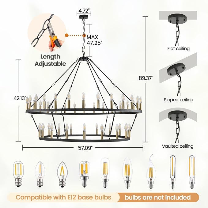 WJShome 55 Inch Farmhouse Wagon Wheel Chandelier - 2 Tier 48-Light Rustic Black and Gold Chandeliers, for Living Room, Entryway and Staircase
