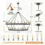 WJShome 55 Inch Farmhouse Wagon Wheel Chandelier - 2 Tier 48-Light Rustic Black and Gold Chandeliers, for Living Room, Entryway and Staircase