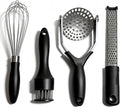 Kitchen Gadgets Set Stainless Steel Cooking Tools Essentials, Black, 4Pcs | Includes Whisk, Meat Tenderizer, Potato Masher Smasher, Grater Zester, Soft Ergonomic Handle, Dishwasher Safe, Space Saving