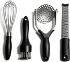 Kitchen Gadgets Set Stainless Steel Cooking Tools Essentials, Black, 4Pcs | Includes Whisk, Meat Tenderizer, Potato Masher Smasher, Grater Zester, Soft Ergonomic Handle, Dishwasher Safe, Space Saving
