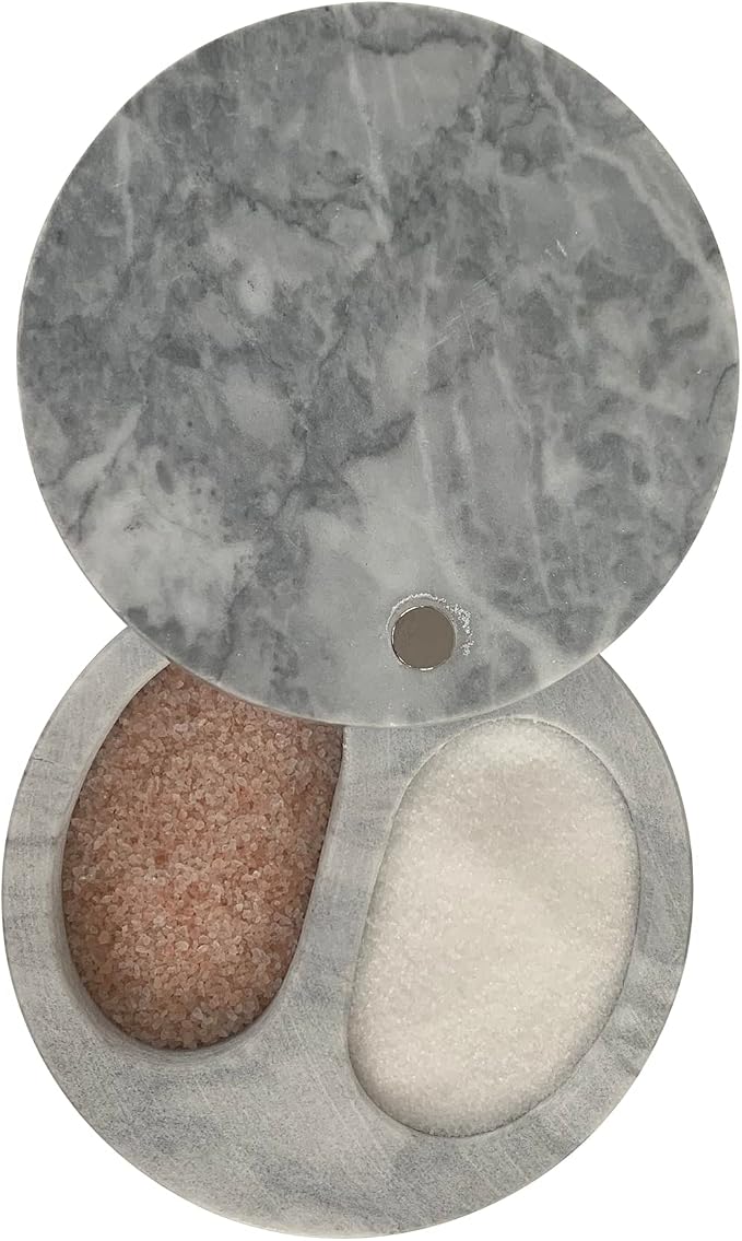 Fox Run White Marble Double Salt Cellar, 4” x 4” x 2.5” | Store Herbs, Spices Jewlery & More | Beautiful White Marble Salt Holder With Lid | Two Compartments For Easy Storage