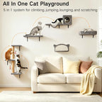 5-in-1 Cat Wall Shelves for Indoor Cats, Wall Mounted Cat Furniture Set with Bed, Perch, Hideaway Condo, Scratching Post & Scratcher, Cat Climbing Wall System, Space Saving Design, Grey